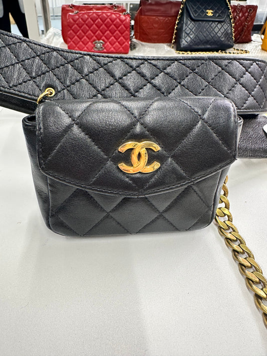 Chanel runway fall 1994 Black Lambskin medallion belt bag with chain