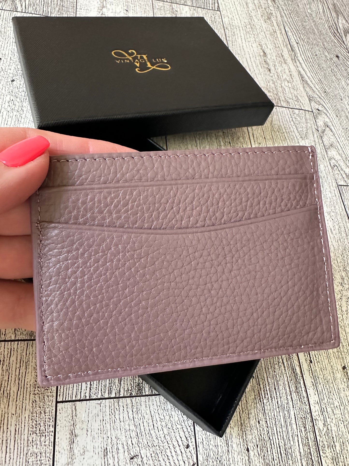 Vintage Lux pebbled leather card holder with box