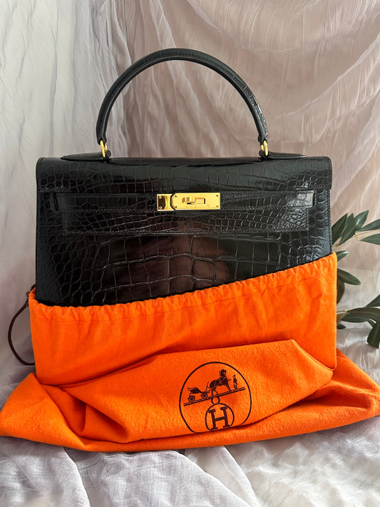 Hermes Kelly 32 Croco Porosus noir
