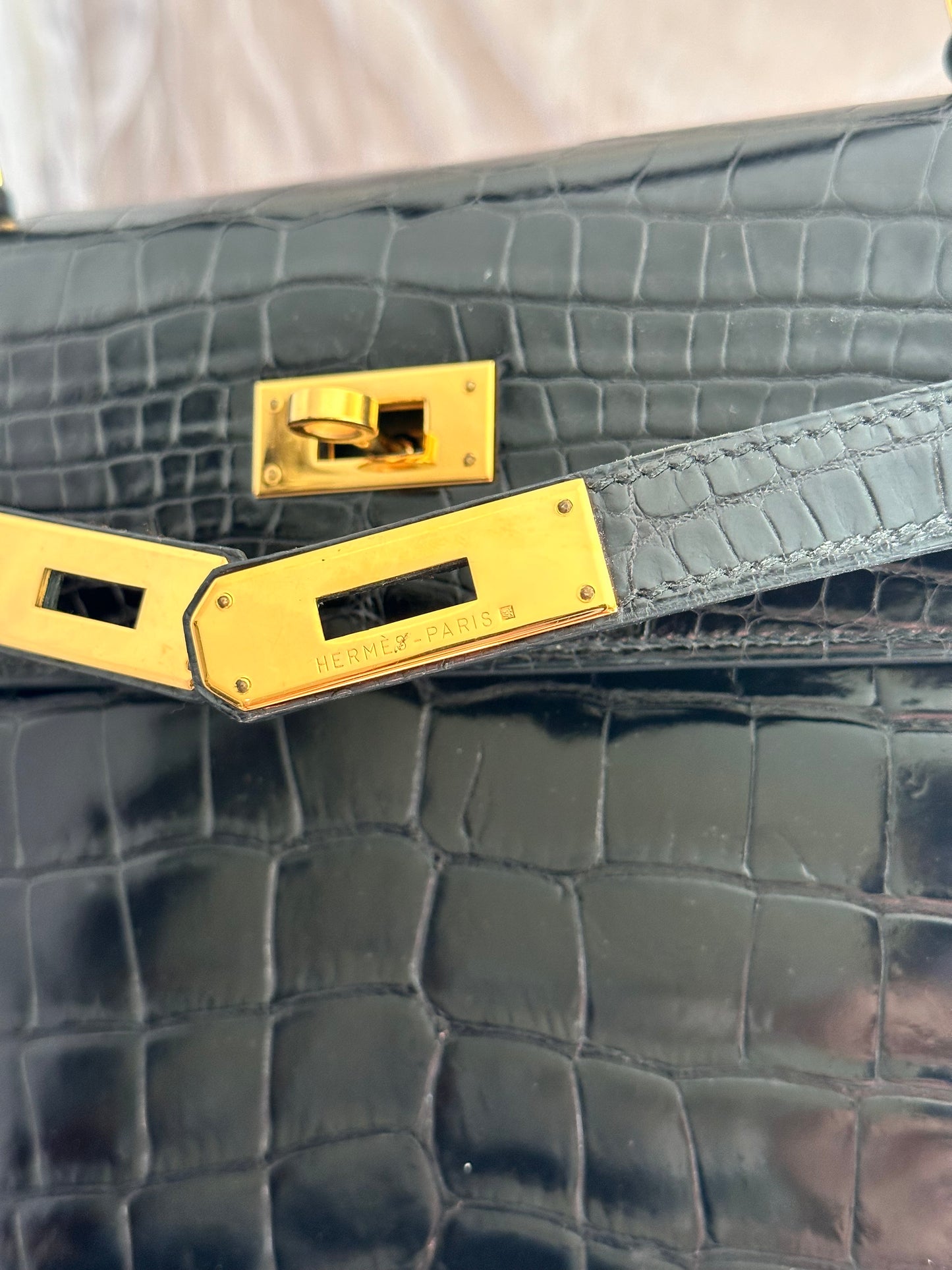Hermes Kelly 32 Croco Porosus noir